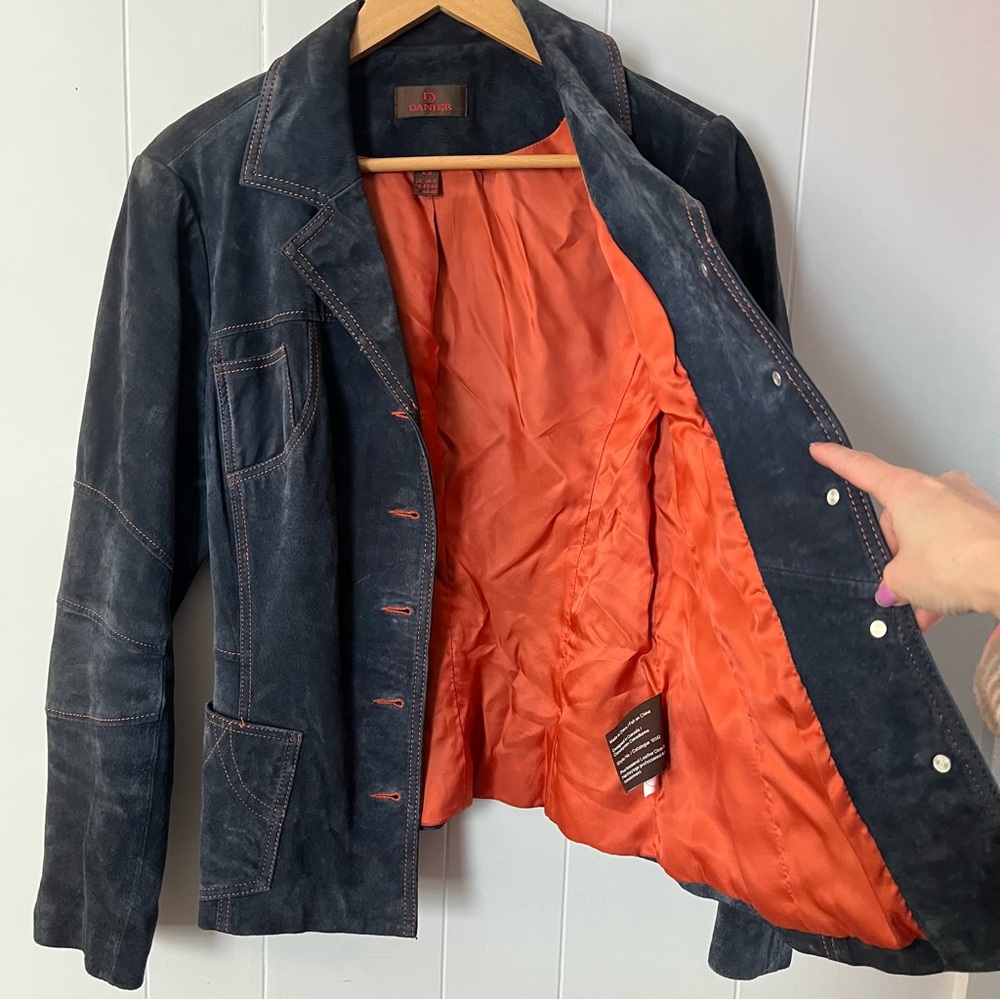 Vintage Danier Suede Leather Denim Blue Jacket Orange Contrast Stitching Y2K - Picture 5 of 13